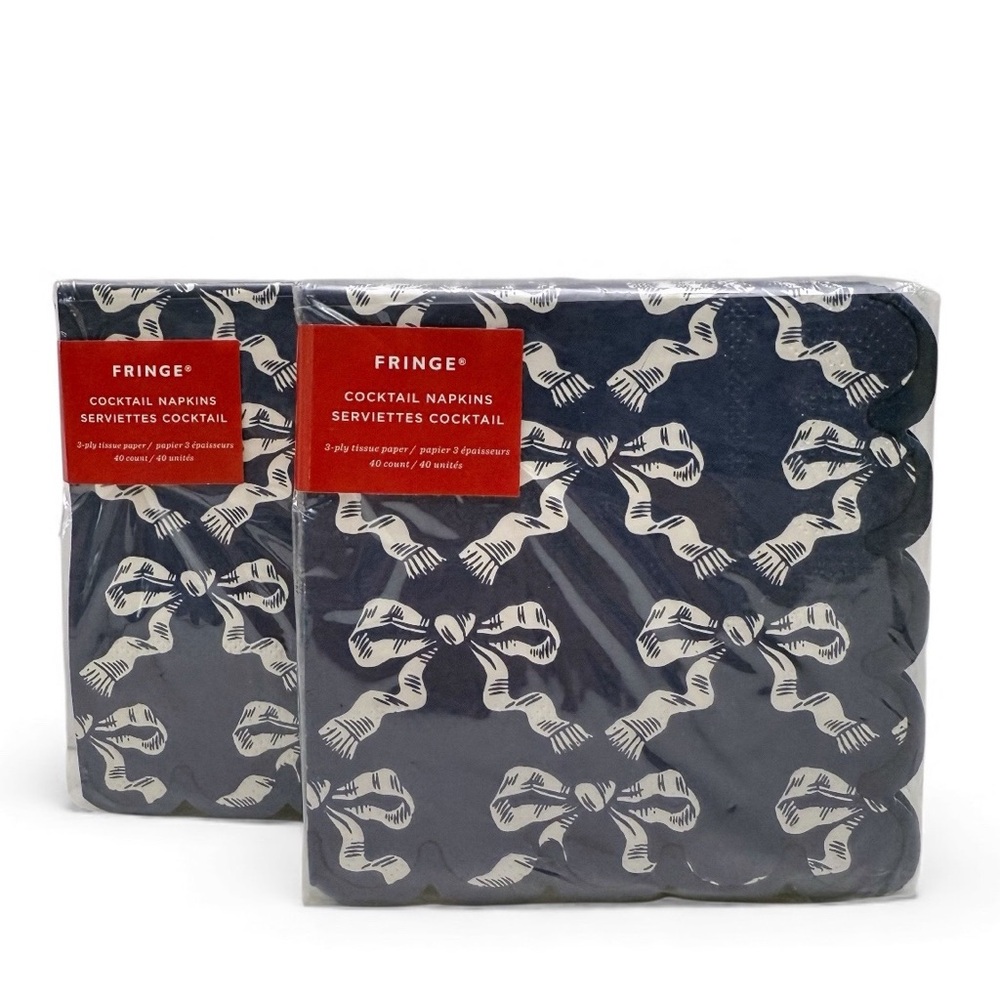 Fringe Studio Navy Blue Toile Ribbon Bows Paper Cocktail Napkins 80 Count NEW